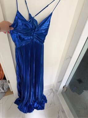 the clothing company Metallic Royal Blue Pleated Maxi Dress